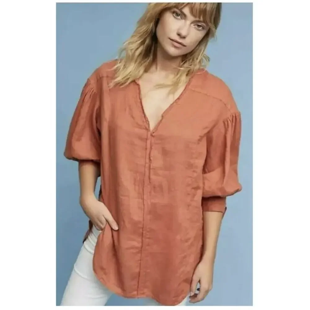 HOLDING HORSES $98 Anthropologie Puff Sleeve Linen Tunic Orange XS - Picture 1 of 4